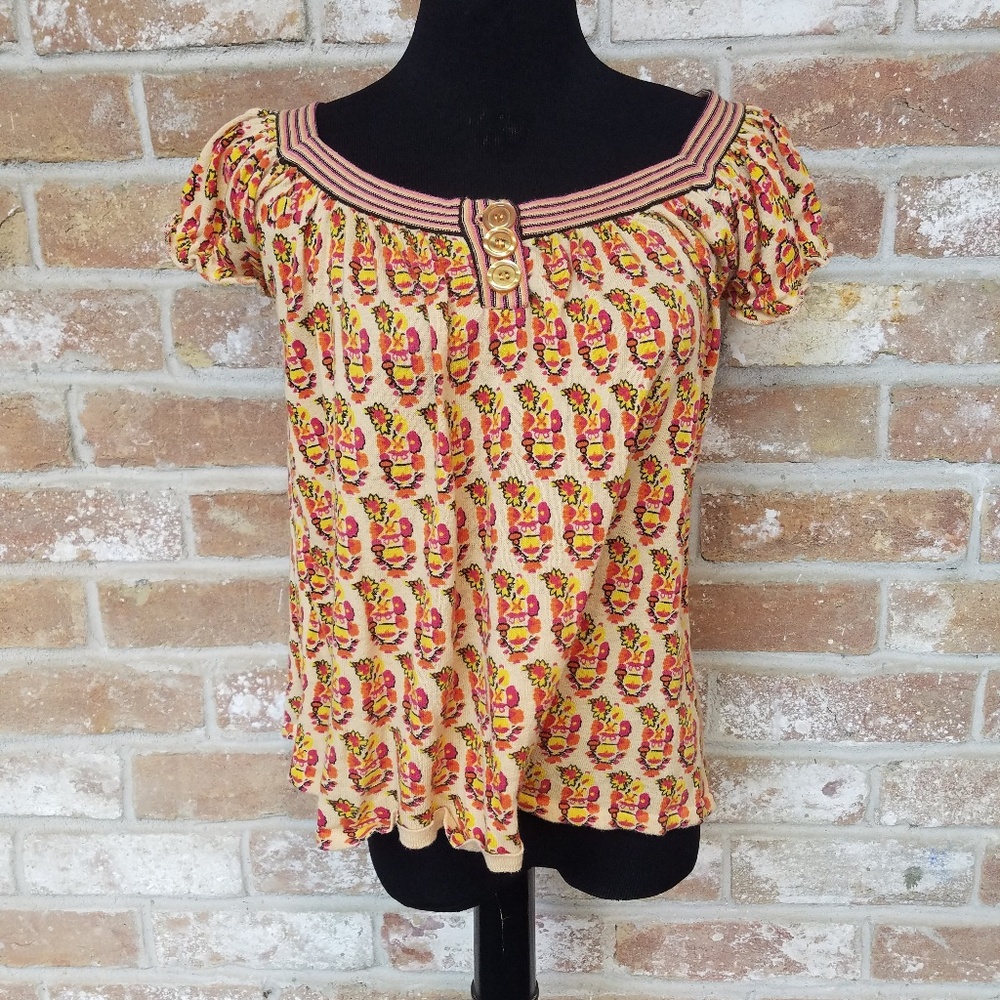 Flowy Print Stripe Ruffle Sleeve Floral Button Top